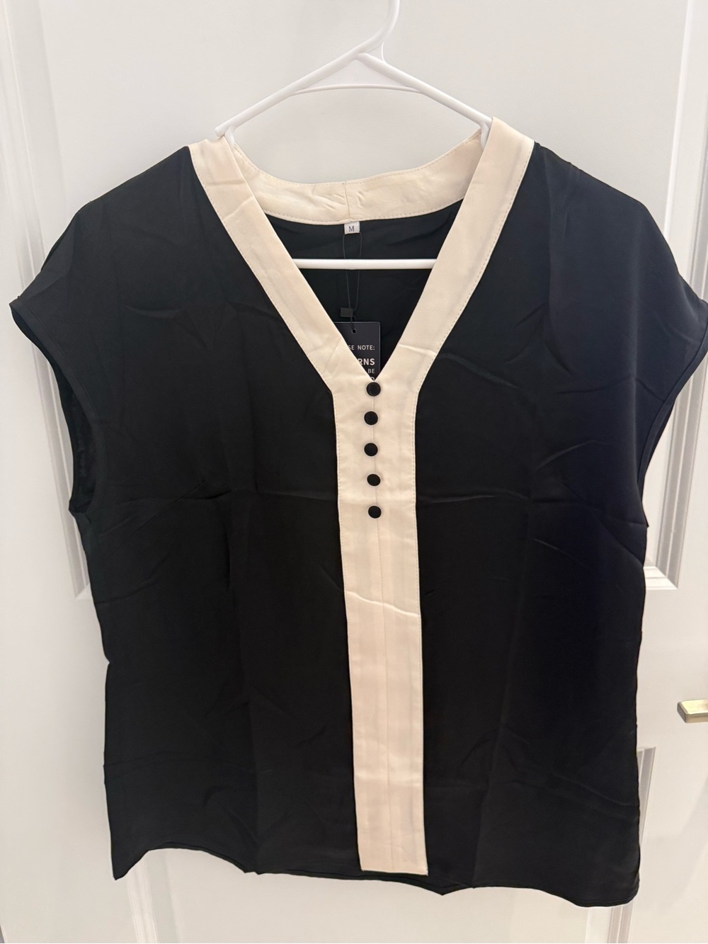Black & Cream V-Neck Button Trim Women's Top